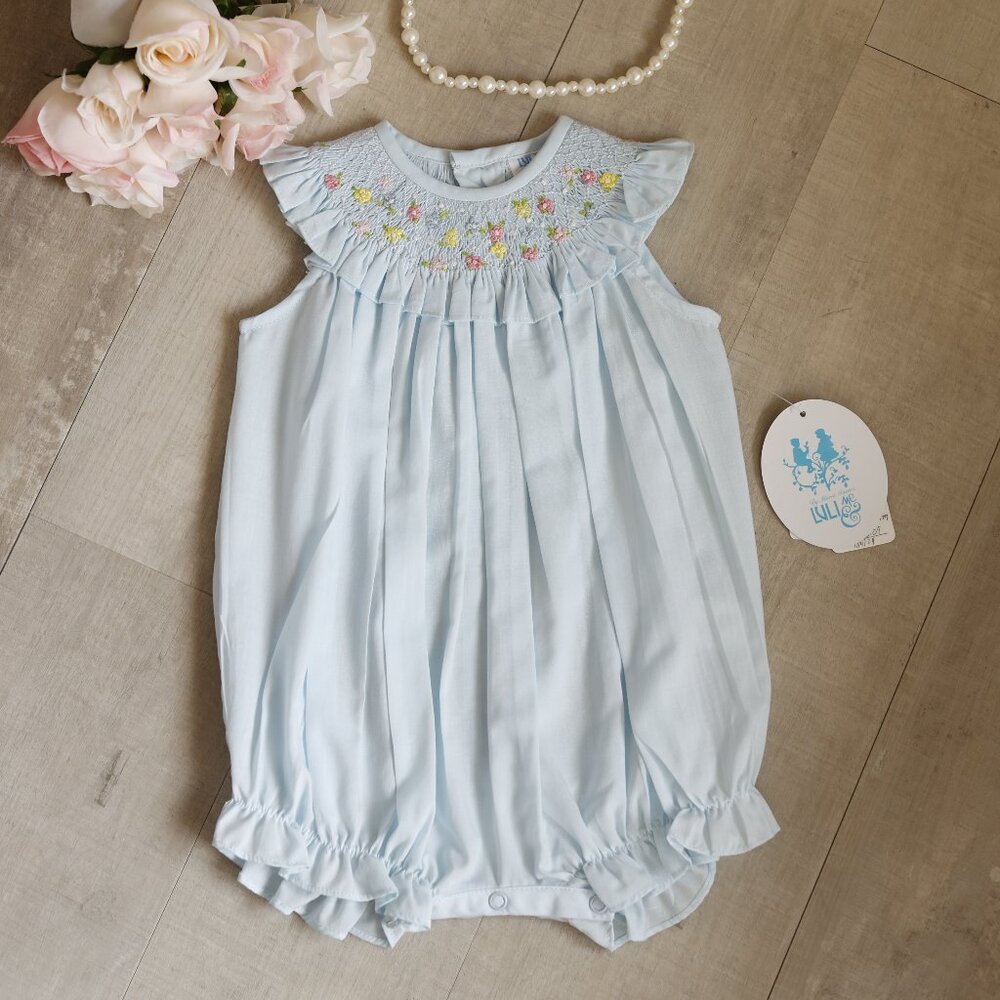 Blue Smocked Embroidered Romper Flutter Sleeve Luli & Me Boutique NWT